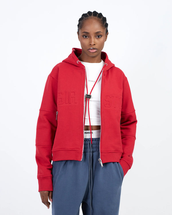SWEAT À CAPUCHE ZIPPÉ ROUGE EN RELIEF
